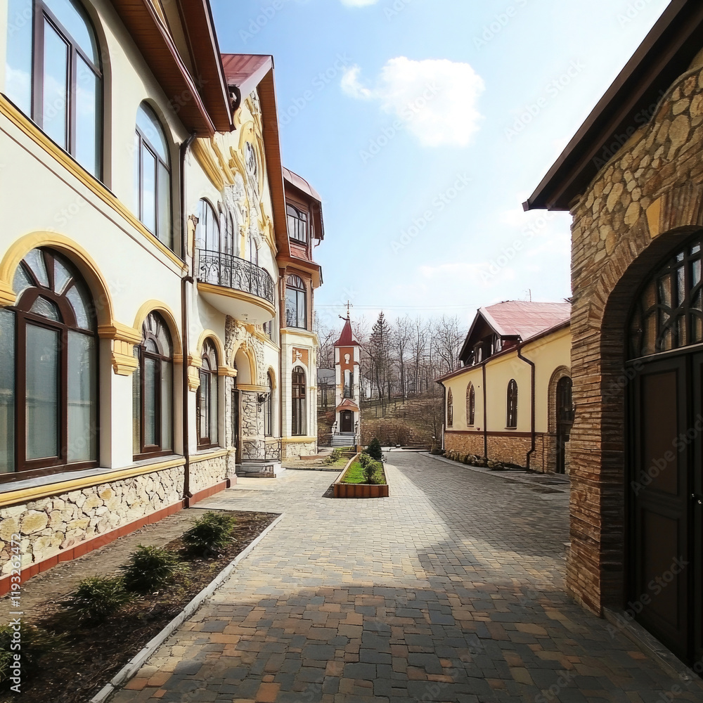 Charming architectural details of a tranquil courtyard in a resort destination with a clear blue sky