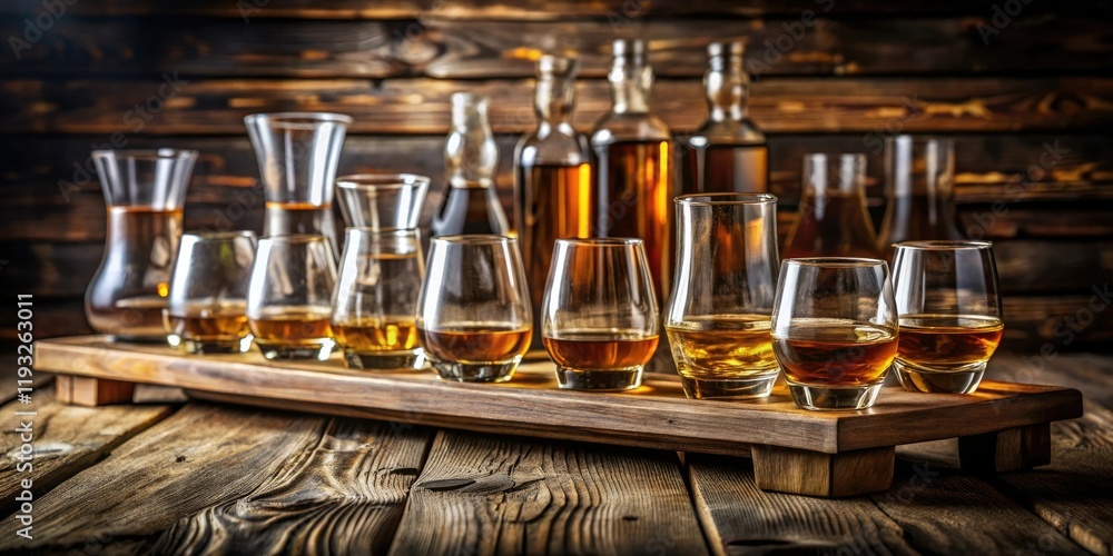 A whiskey tasting set up with multiple glasses and bottles lined up on a rustic wooden shelf, set up, glasses, rustic, whiskey decanter A whiskey tasting set up with multiple glasses and bottles lined up on a rustic wooden shelf, set up, glasses, rustic, whiskey decanter