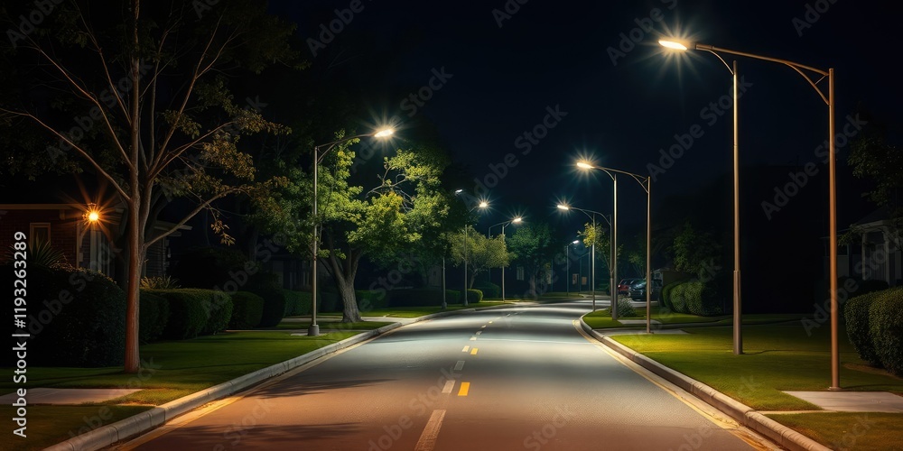 A well-lit suburban street at night with modern streetlights that illuminate the pavement and surrounding foliage, urban landscape, streetlights A well-lit suburban street at night with modern streetlights that illuminate the pavement and surrounding foliage, urban landscape, streetlights