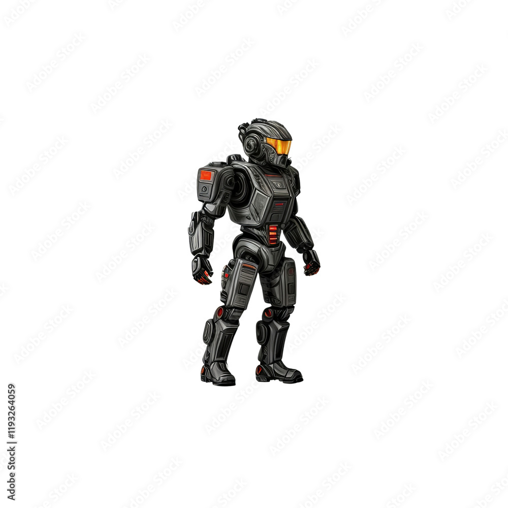 Cybernetic Guardian: A sleek, futuristic robot stands in a poised stance, its black armored exterior accented by glowing yellow eyes. Its mechanical form speaks of strength, power. Cybernetic Guardian: A sleek, futuristic robot stands in a poised stance, its black armored exterior accented by glowing yellow eyes. Its mechanical form speaks of strength, power.