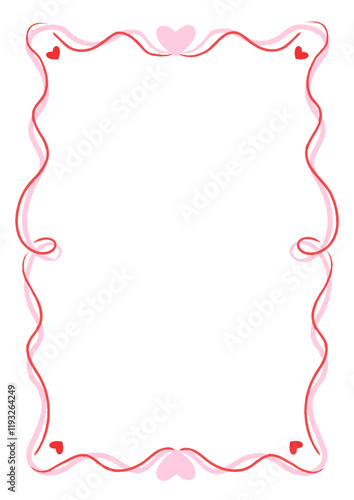 Frame with red and pink heart decorations and wavy lines on a white background. Romantic border design for Valentine’s Day. Flat lay template with copy space for design and print