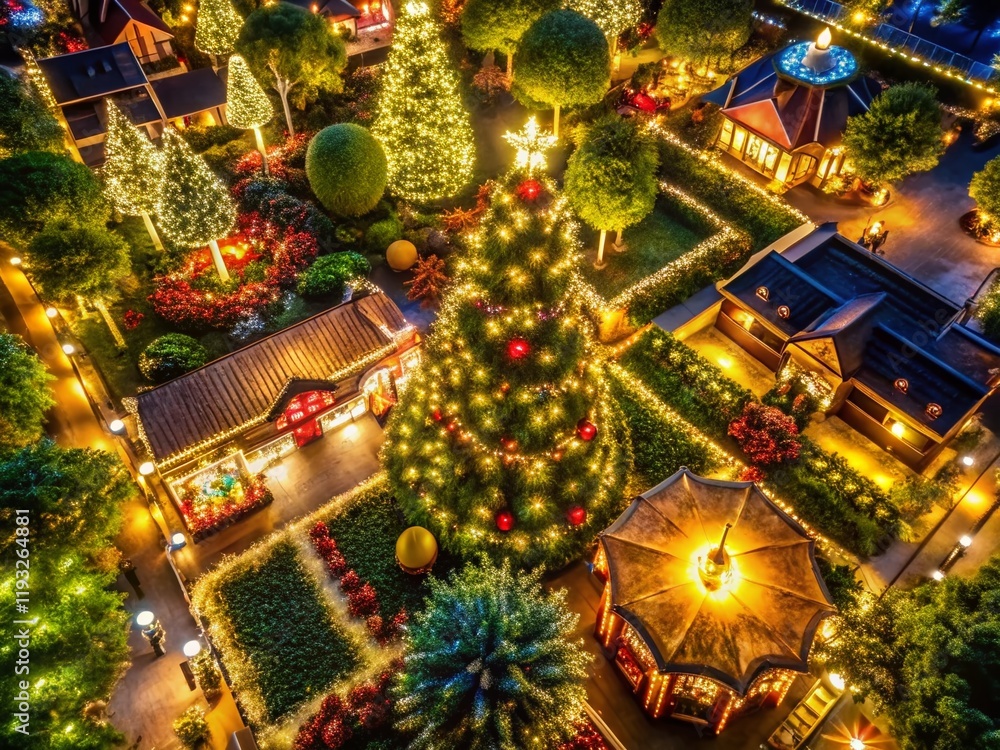 Fototapeta premium Aerial View Festive Greenery Sparkling Lights Warm Winter Holiday Scene
