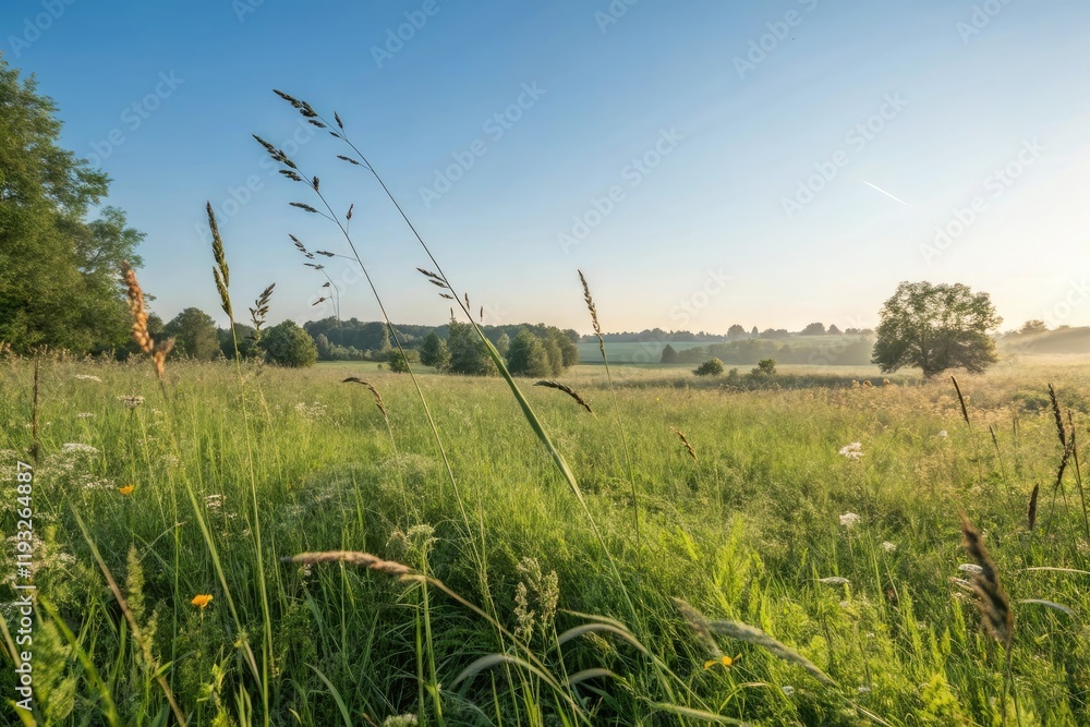 Fototapeta premium A verdant meadow with long grasses and a clear blue sky on a warm summer morning, serene atmosphere, warm sunlight, cloudless weather, outdoors