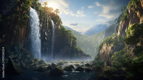 Serene Waterfall in a Lush Mountain Valley