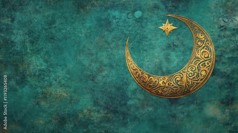 Ornate Gold Crescent Moon with Star on Textured Teal Background Ornate Gold Crescent Moon with Star on Textured Teal Background