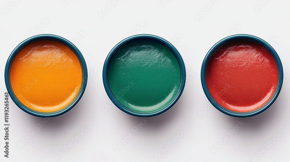Three small bowls with orange, green, and red paint. Three small bowls with orange, green, and red paint.