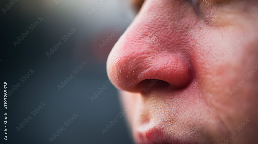 Fototapeta premium Close up of red irritated nose, emphasizing the discomfort and struggle of allergies or cold symptoms, highlighting the human vulnerability and resilience in the face of common ailments.nasal, congest