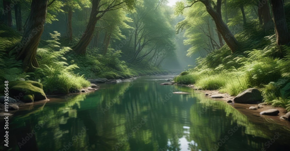 A tranquil creek flowing through a dense, emerald green forest environment with reflected foliage on its calm waters, clear water, green leaves, forest floor A tranquil creek flowing through a dense, emerald green forest environment with reflected foliage on its calm waters, clear water, green leaves, forest floor