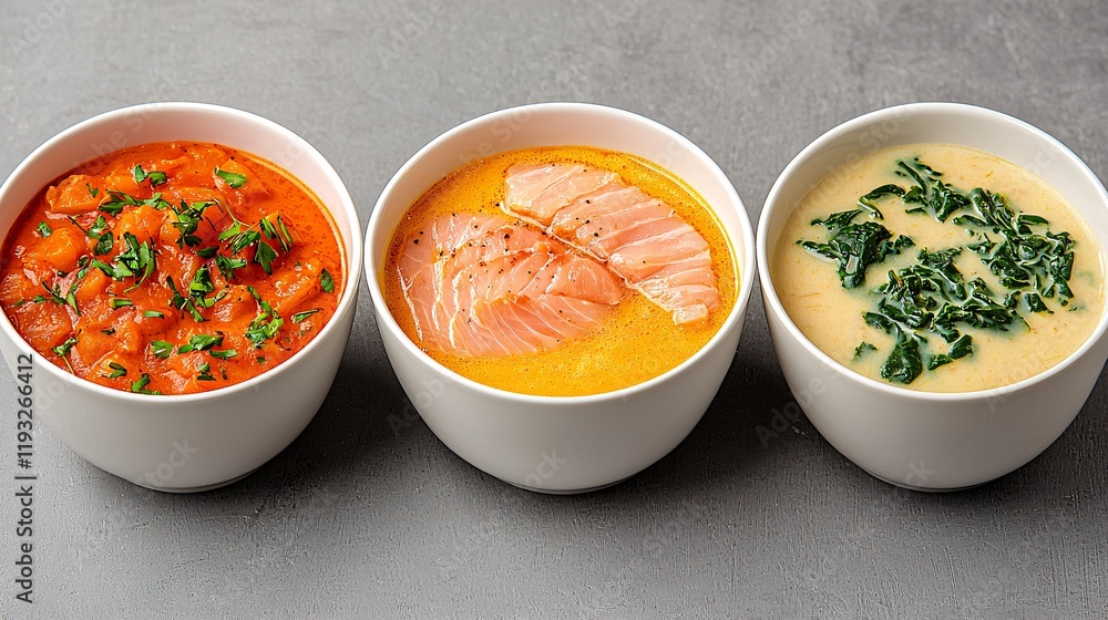 Three bowls of creamy soup; tomato, salmon, spinach. Three bowls of creamy soup; tomato, salmon, spinach.