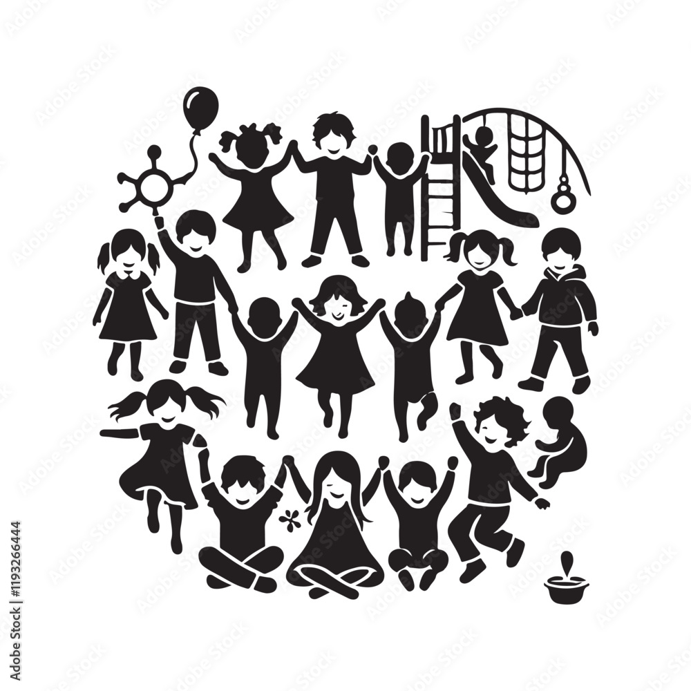 Naklejka premium Black Color Children's silhouette design Vector Illustration, Solid White Background