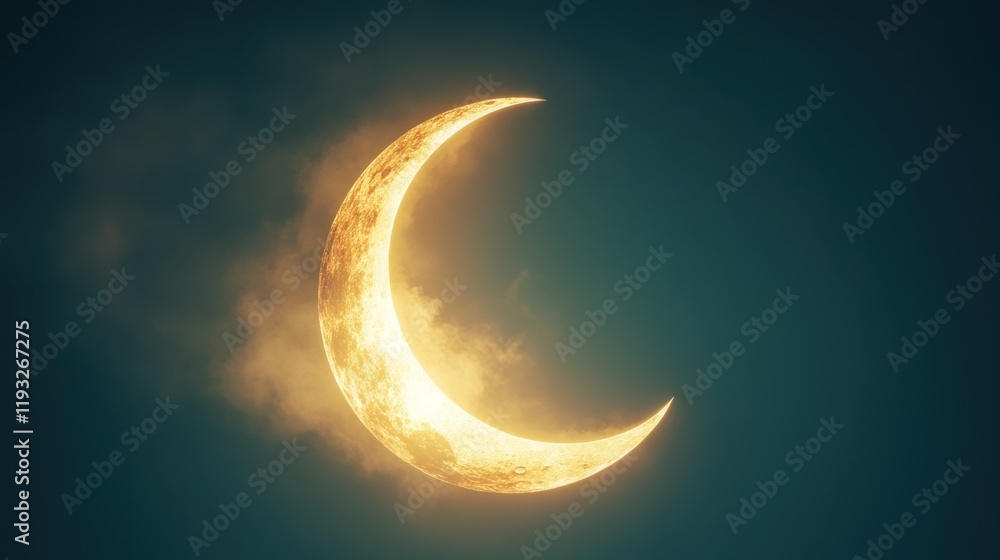 Fototapeta premium Glowing Crescent Moon in Night Sky with Soft Cloud Details