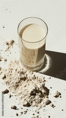 A glass of milk beside a pile of powder.