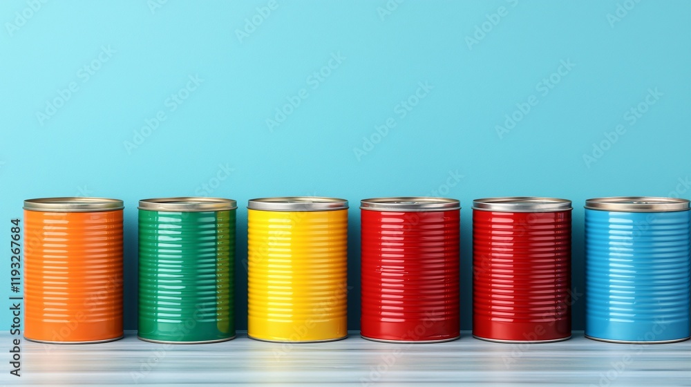 Six colorful food cans on a wooden surface against a light blue background. Six colorful food cans on a wooden surface against a light blue background.