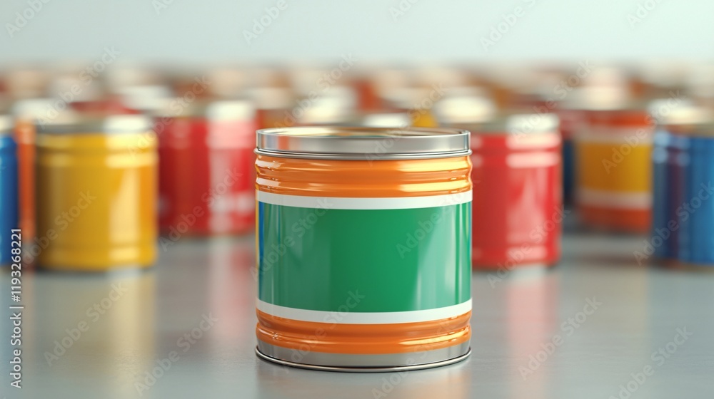 Single colorful metal can with blank label, surrounded by blurred cans of various colors. Single colorful metal can with blank label, surrounded by blurred cans of various colors.