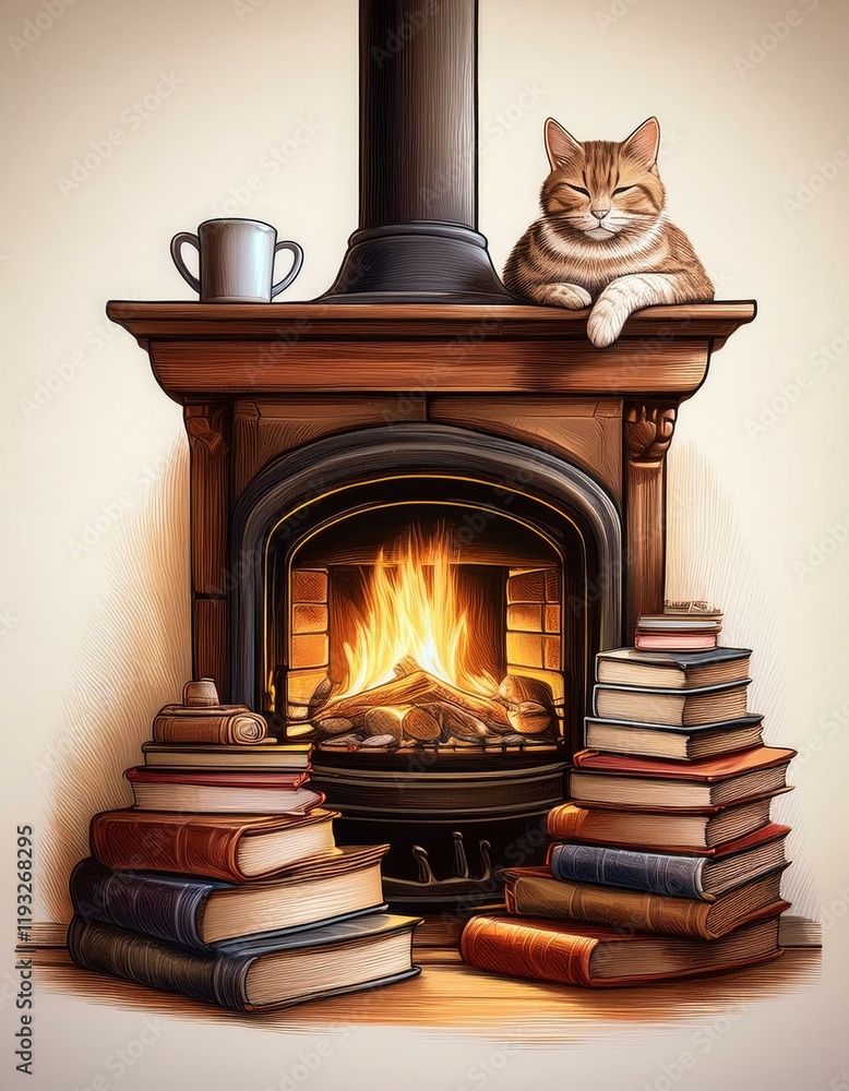 Generated image Illustration of a warm fireplace with a stack of books and a cat sleeping beside it Generated image Illustration of a warm fireplace with a stack of books and a cat sleeping beside it