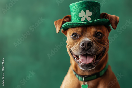 Dog wearing a green leprechaun hat photo