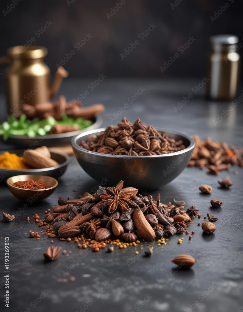 a sprinkle of aromatic spices including clove and cardamom on a metal countertop in the kitchen, kitchen decor, clove, seasonal a sprinkle of aromatic spices including clove and cardamom on a metal countertop in the kitchen, kitchen decor, clove, seasonal