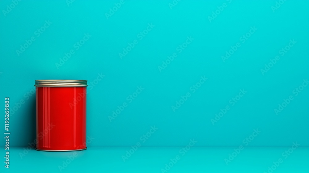 Red cylindrical tin can against a teal background. Red cylindrical tin can against a teal background.