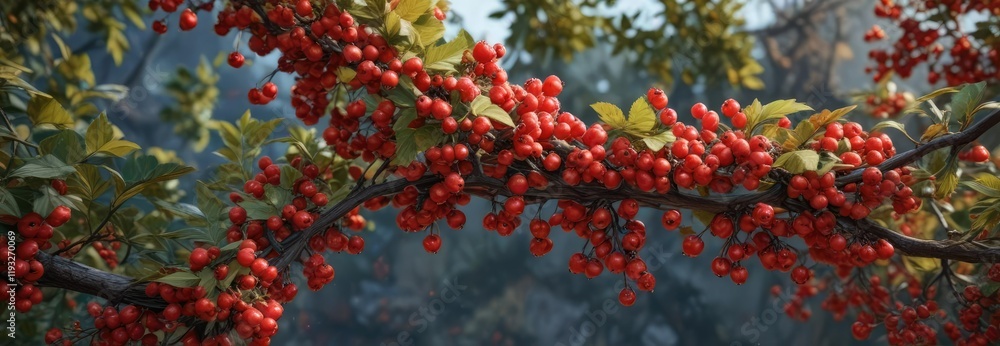 A sprawling branch laden with clusters of bright red berries, forest canopy, natural scenery A sprawling branch laden with clusters of bright red berries, forest canopy, natural scenery