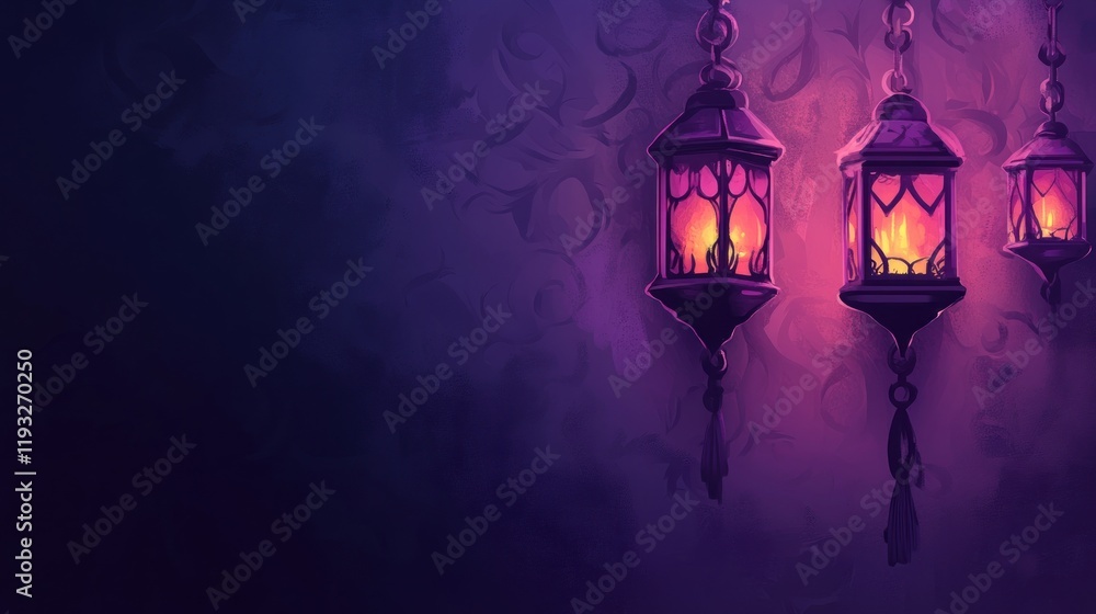 Elegant Traditional Lanterns Hanging Against a Dark Purple Background Elegant Traditional Lanterns Hanging Against a Dark Purple Background