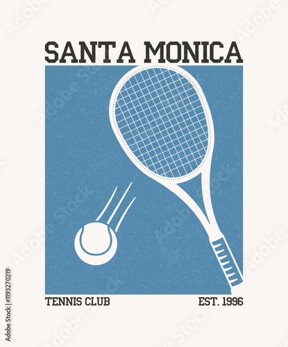 Vintage tennis t-shirt design with racket and ball. Santa Monica tennis club retro tee shirt design. Sports apparel print with grunge. Vector.
