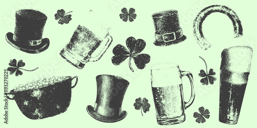 St. Patrick's Day themed illustrations with beer mugs, hats, clovers and horseshoe on light green background