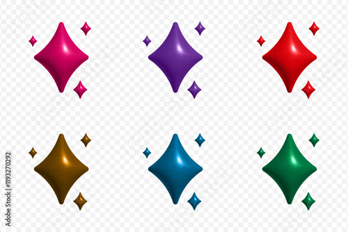 3D sparkle stars set of different colors. Volume 3d icons of star shapes. Elements for design for banners, cards or web design and apps. Vector.