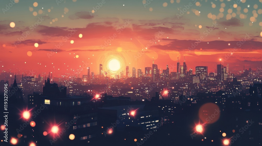 Fototapeta premium Cityscape Sunset with Glowing Lights and Orange Sky
