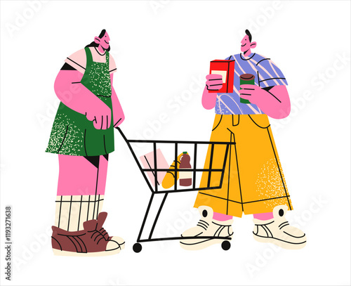 Cartoon characters shopping in a supermarket. People walking around the store with a grocery cart, vector doodle illustration in trendy groovy style