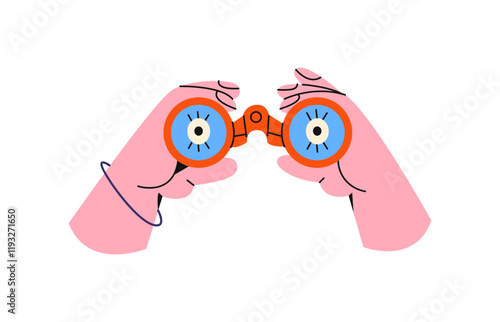 Hands hold binoculars, look into it with eyes, observe, look for work, see, spy, explore. Cartoon illustration in 90s retro groovy style	