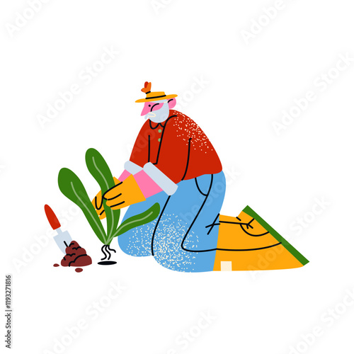 Cartoon grandfather character gardener, farmer plants flowers. Garden, farm and agriculture. Hobby gardener, flowers, plants. Vector elderly mascots