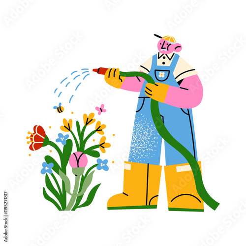 Cartoon grandfather character gardener, farmer watering flowers. Garden, farm and agriculture. Hobby gardener, flowers, plants. Vector elderly mascots	
