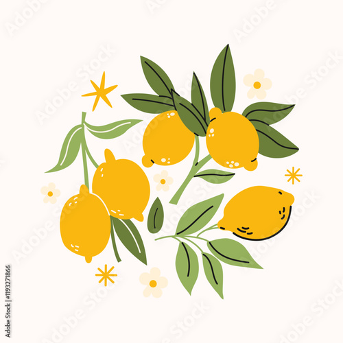 fruits2Tropical lemon fruits abstract composition. Cartoon illustration of fruit mix, harvest in hand drawn doodle retro style	
