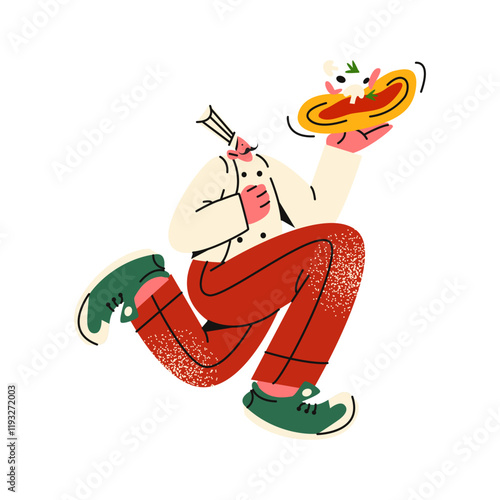 Cartoon character Italian chef pizza man preparing pizza. Mascot pizza maker pizzaiolo with pizza in his hands at the oven. Doodle illustration of a baker male waiter in retro 90s style