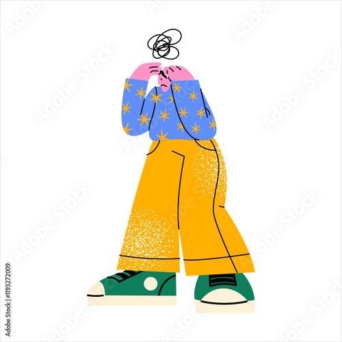 Sad disappointed mascot character. Unhappy boy, emotion of anxiety and sadness, sorrow. Human in psychological problems, transitional age, depression. Man express their feelings of worried