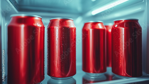 Red colour cold aluminium can drink in the white interior refrigerator, chilled soft drink, soda drink to quench thirst photo