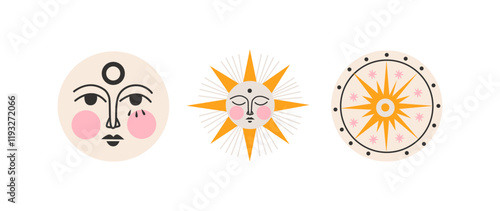 Golden mystical boho suns with face. Mystical tarot stickers, mythical golden sun shapes.Abstract bohemian astrological magic art galactic space
