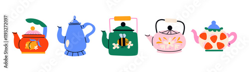 Set teapots for tea and coffee. Cartoon doodle kitchen mugs with patterns and drawings in retro style. Tea ceremony, porcelain tableware vector stickers