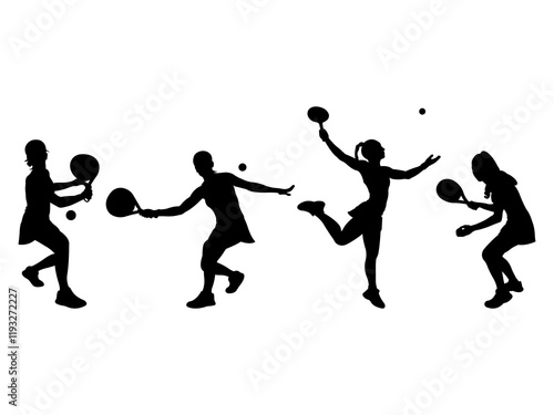 Set of Female Tennis padel Player Silhouette in various poses isolated on white background