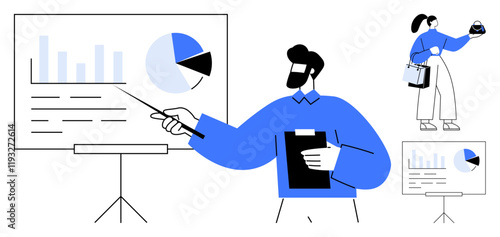 Man pointing at charts on a presentation board, woman holding a pie chart and document. Ideal for teamwork, presentations, data analysis, marketing, strategy planning, office meetings, training