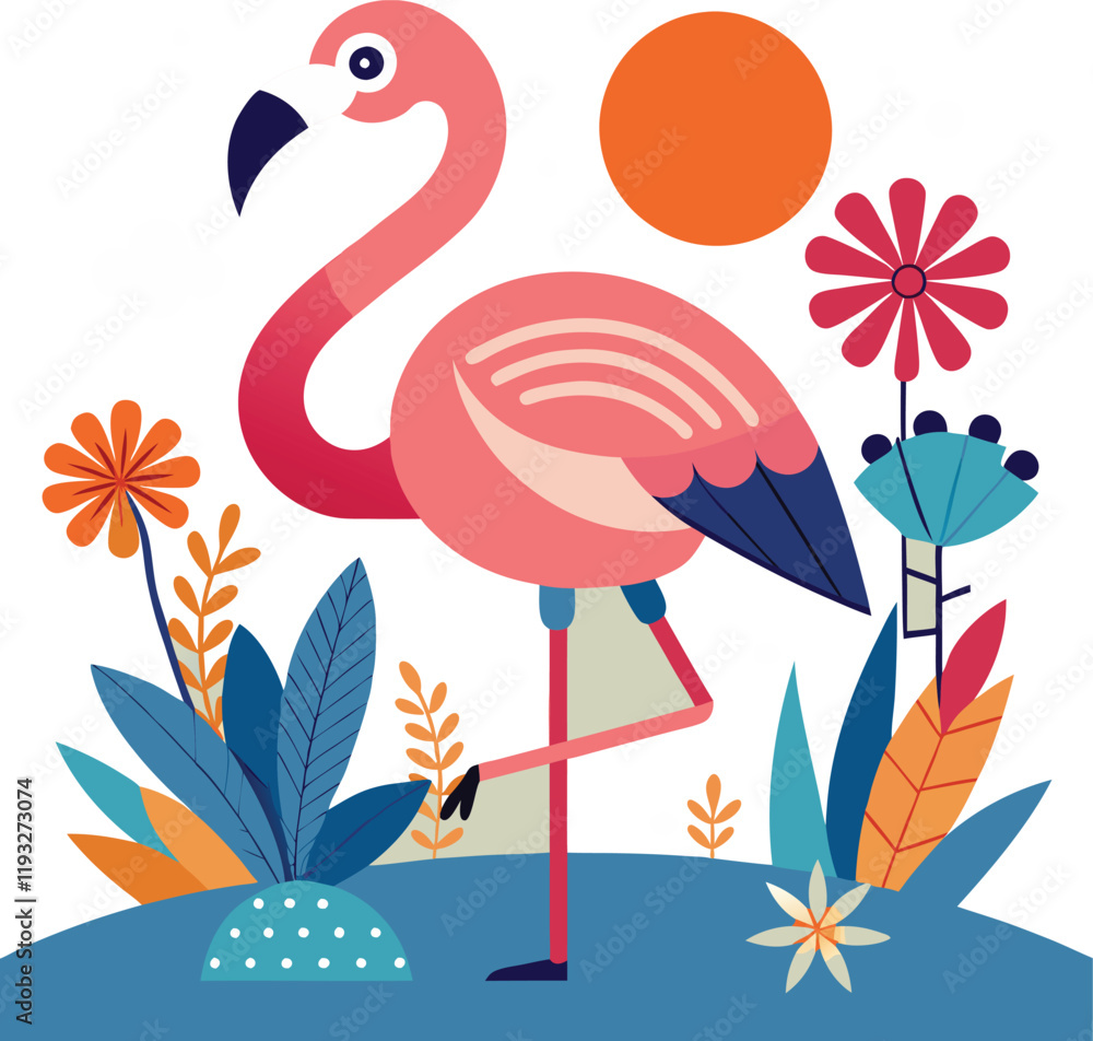 Naklejka premium Elegant Flamingo in a Tropical Paradise Illustration