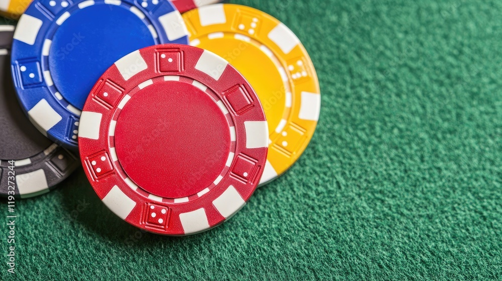 Naklejka premium Colorful Casino Chips on Green Felt Surface for Gambling Theme