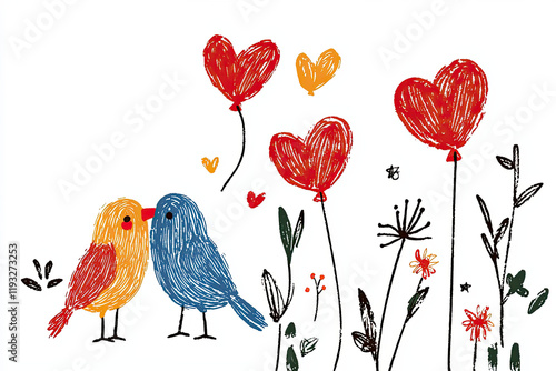 Colorful birds kissing among heart shaped flowers, expressing love and joy