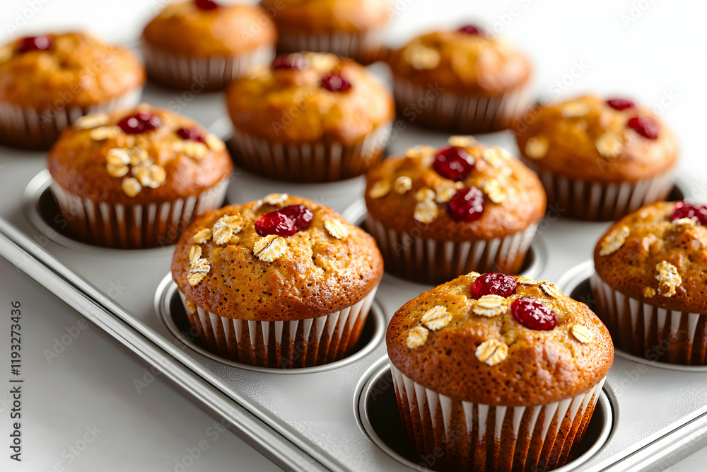 Freshly Baked Muffins with Cranberries and Oats in Muffin Tray Freshly Baked Muffins with Cranberries and Oats in Muffin Tray