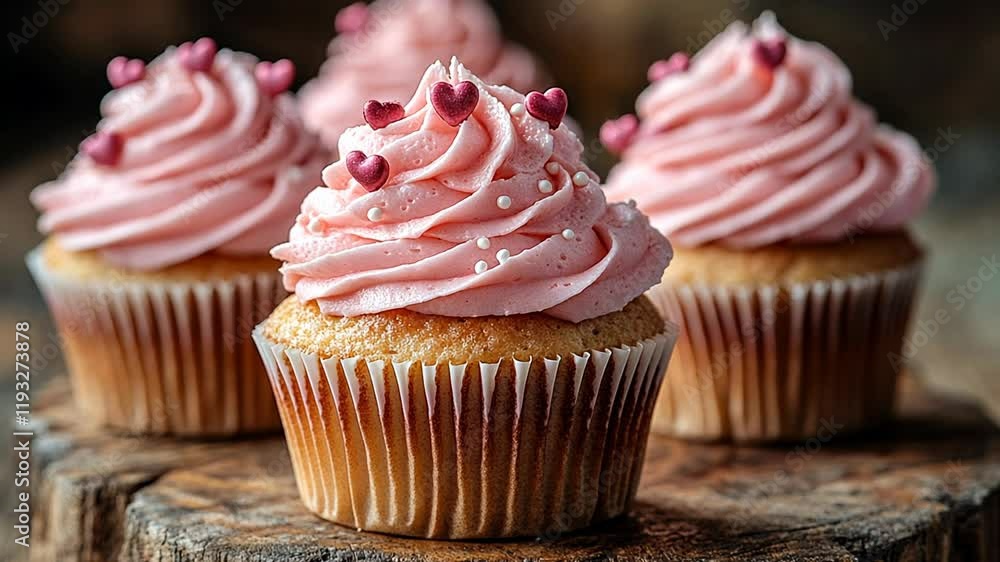 Close-up shot of delicious cupcakes with pink frosting on a wooden background. Close-up shot of delicious cupcakes with pink frosting on a wooden background.