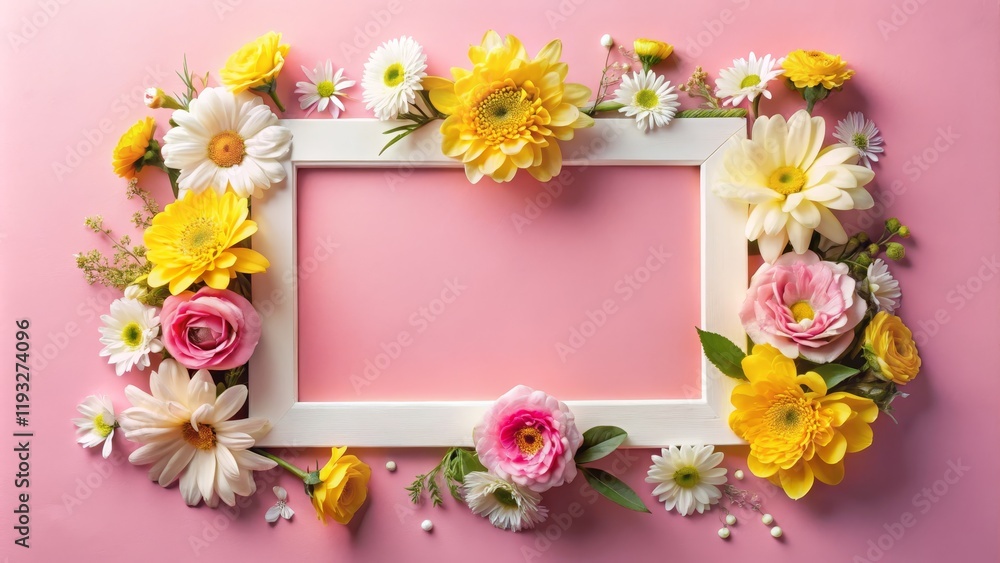 Floral Frame Composition White Frame Surrounded by Yellow and Pink Flowers on Pink Background, Spring, Flower Arrangement Spring flowers, floral design Floral Frame Composition White Frame Surrounded by Yellow and Pink Flowers on Pink Background, Spring, Flower Arrangement Spring flowers, floral design