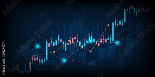 Business financial graph with uptrend line and bar chart of stock market on blue color background