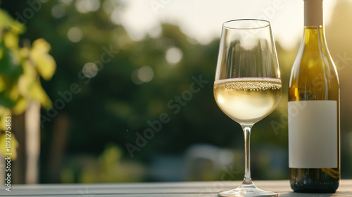 Freshly poured non alcoholic white wine in glass with bubbles, set outdoors. sunlight creates warm atmosphere, enhancing refreshing feel of drink photo