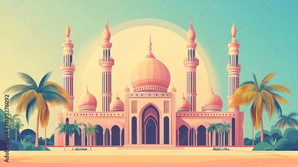 Fototapeta premium Grand Mosque Vector Illustration with Palm Trees in a Vibrant Style