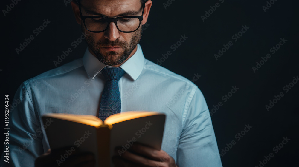 man in formal shirt and tie is reading book with warm glow, reflecting moment of introspection and focus. dark background enhances scene depth and mood man in formal shirt and tie is reading book with warm glow, reflecting moment of introspection and focus. dark background enhances scene depth and mood